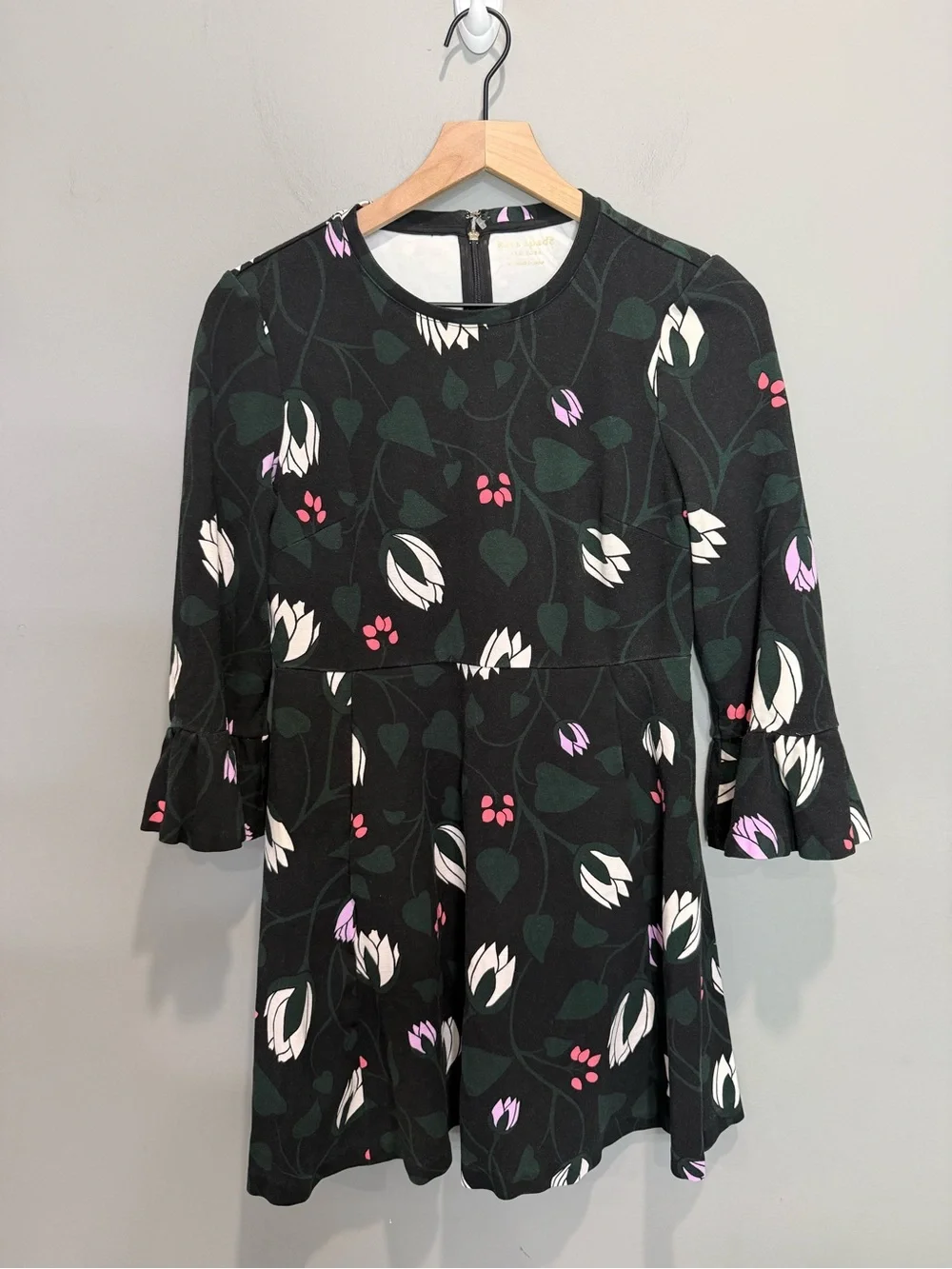 Kate Spade New York Floral Fit & Flare Dress Black Size M Bell Sleeve